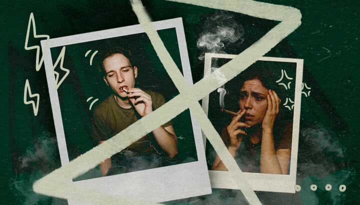 Two people smoking cannabis, one looking relaxed, the other anxious, illustrating potential anxiety or paranoia after a tolerance break.