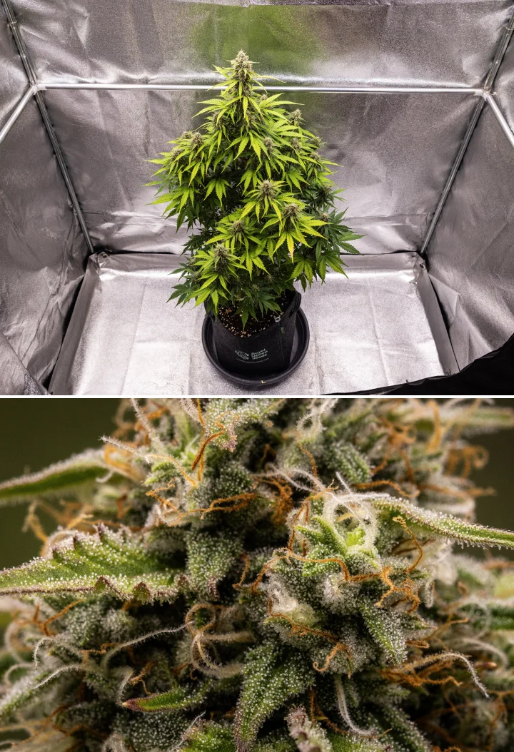 Planta de cànnabis Atlas F1 creixent en un test de tela durant la setmana 8 del grow report, mostrant cabdells madurs i gebrats, cobertura densa de tricomes, pistils taronges i floració a punt per collir.