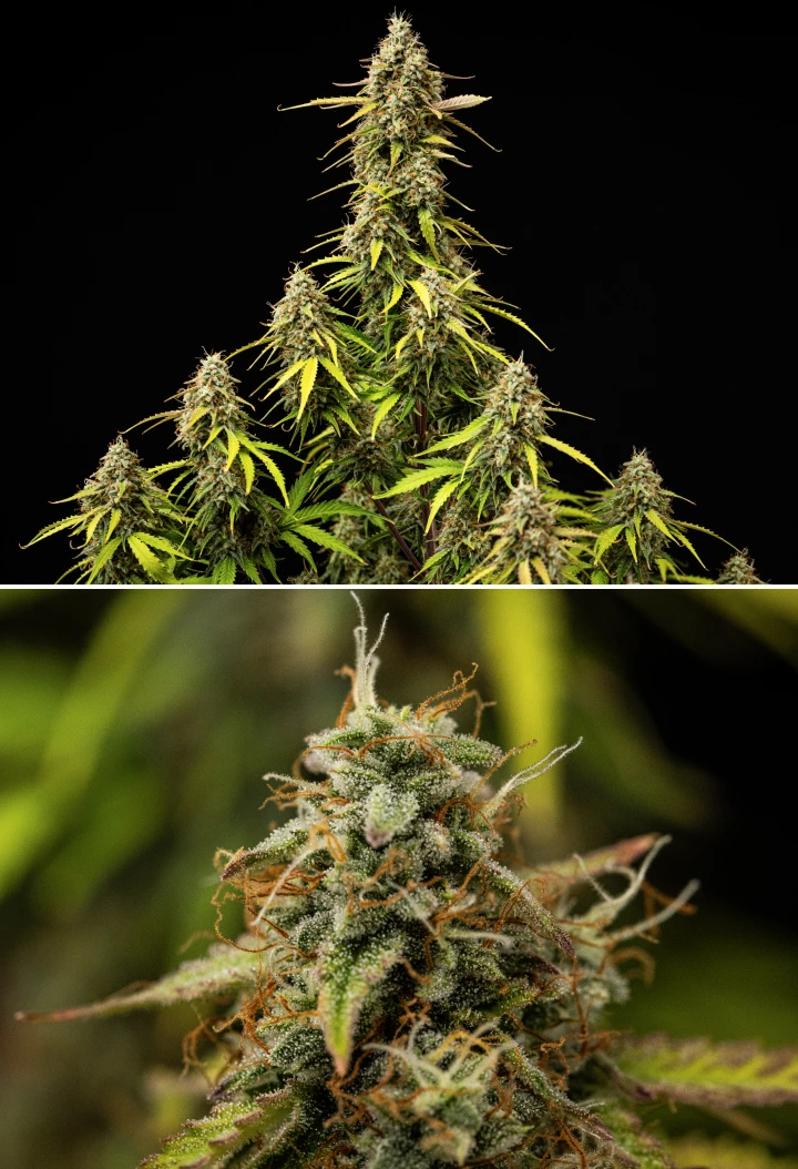 Planta de cànnabis Atlas F1 durant la setmana 9 del grow report, mostrant cabdells completament madurs, cobertura densa de tricomes, pistils taronges, fulles que perden color i floració madura.