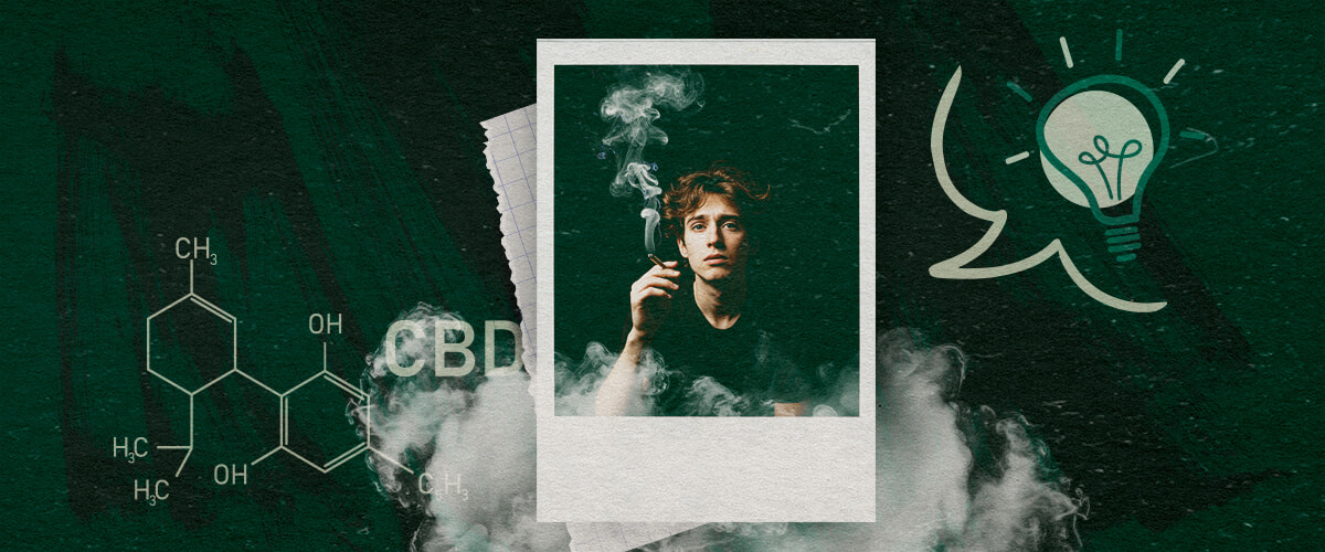 Man smoking cannabis, with CBD molecule illustration and lightbulb icon, representing ideas and best practices for cannabis use.