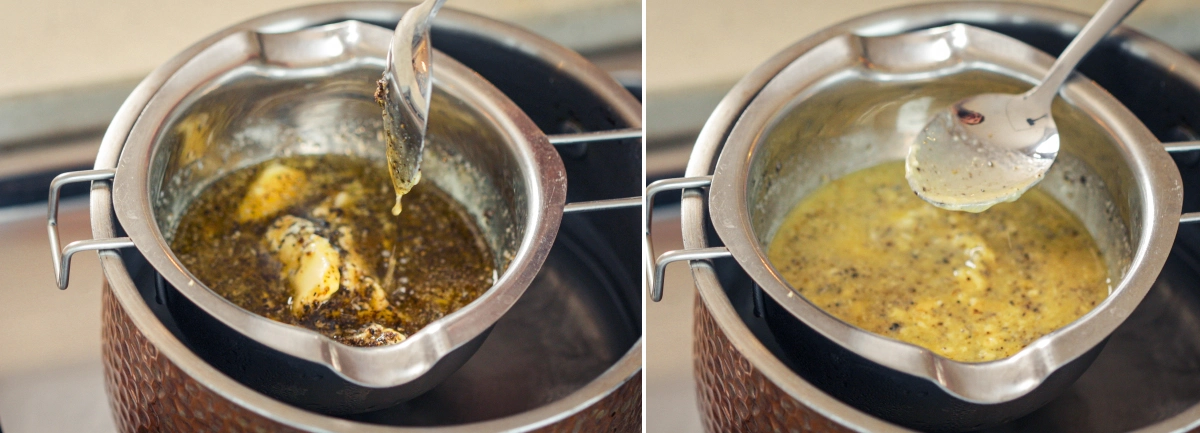 Fer bullir suaument el cannabutter al bany maria Mescla de cannabutter bullint suaument al bany maria, amb una cullera remenant la mantega infusionada per mantenir una calor uniforme i evitar el sobreescalfament