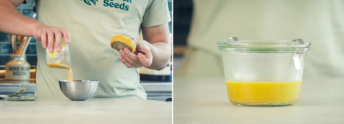 Colar el cannabutter i refrigerar la mantega acabada Colat del cannabutter en un bol net i transferència de la mantega clarificada a un recipient per refrigerar-la després de retirar la matèria vegetal