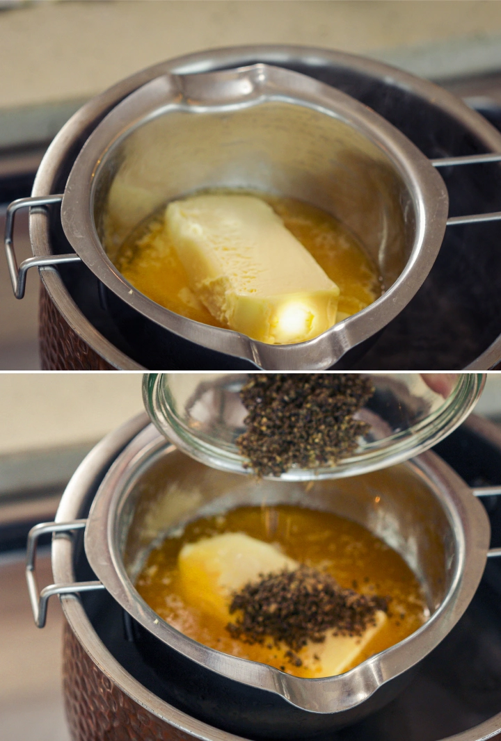 Afegir cànnabis descarboxilat a mantega fosa per infusionar cannabutter Mantega fosa al bany maria amb cànnabis descarboxilat afegit, mostrant l’inici d’un procés lent d’infusió de cannabutter