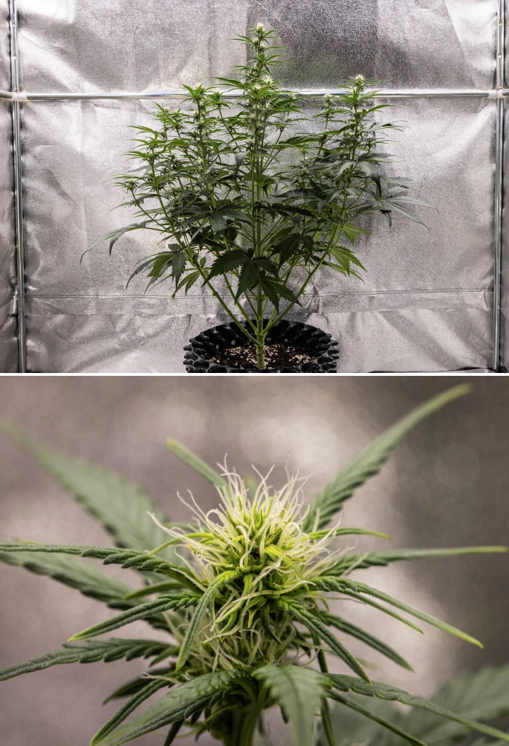 Planta de cànnabis Cosmos F1 durant la setmana 2 de floració, mostrant una formació primerenca de cabdells, fullatge verd sa, estructura vertical de branques i pistils blancs en desenvolupament entre els dies 33 i 40 de brotació.