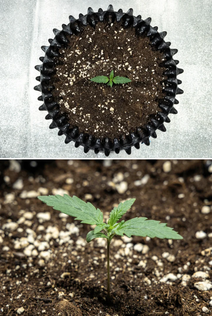 Plàntula de cànnabis Cosmos F1 durant la germinació, emergint de manera uniforme del sòl entre els dies 1 i 5 de brotació.