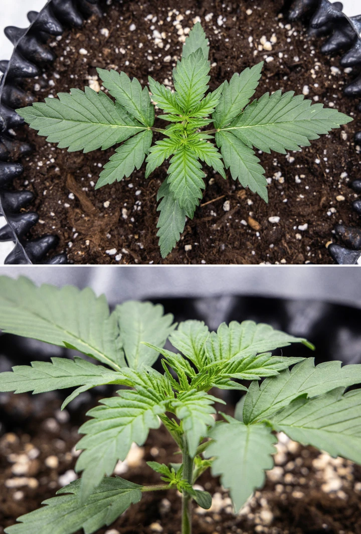 Planta de cànnabis Cosmos F1 durant la setmana 1 de vegetació, amb creixement compacte i vertical, espaiat uniforme de les fulles i fullatge inicial sa entre els dies 5 i 12 de brotació.