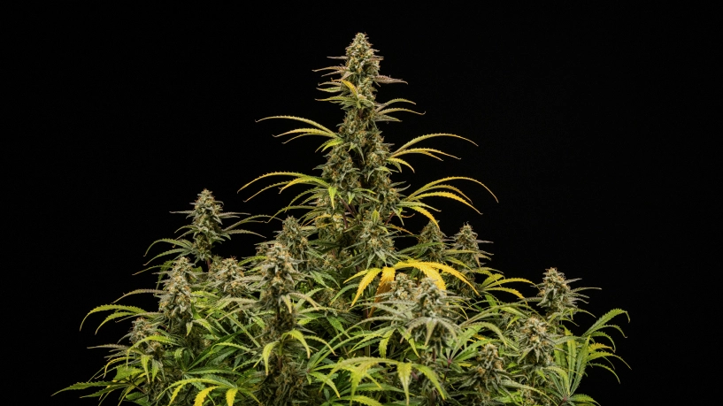 Plantes de cànnabis Hyperion F1 madures sobre fons negre, mostrant cues altes en floració, cabdells resinosos, fulles en procés de decoloració i un dosser vigorós durant la fase final de floració.