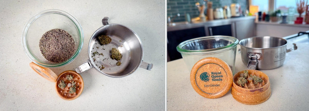 Preparació del cànnabis per a la descarboxilació Cànnabis mòlt i cabdells en un grinder, un pot de vidre i un cassó abans de la descarboxilació.