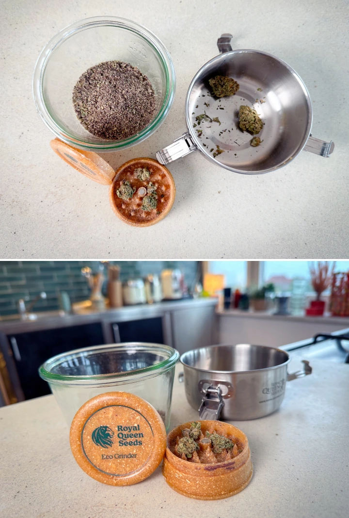 Preparació del cànnabis per a la descarboxilació Cànnabis mòlt i cabdells en un grinder, un pot de vidre i un cassó abans de la descarboxilació.