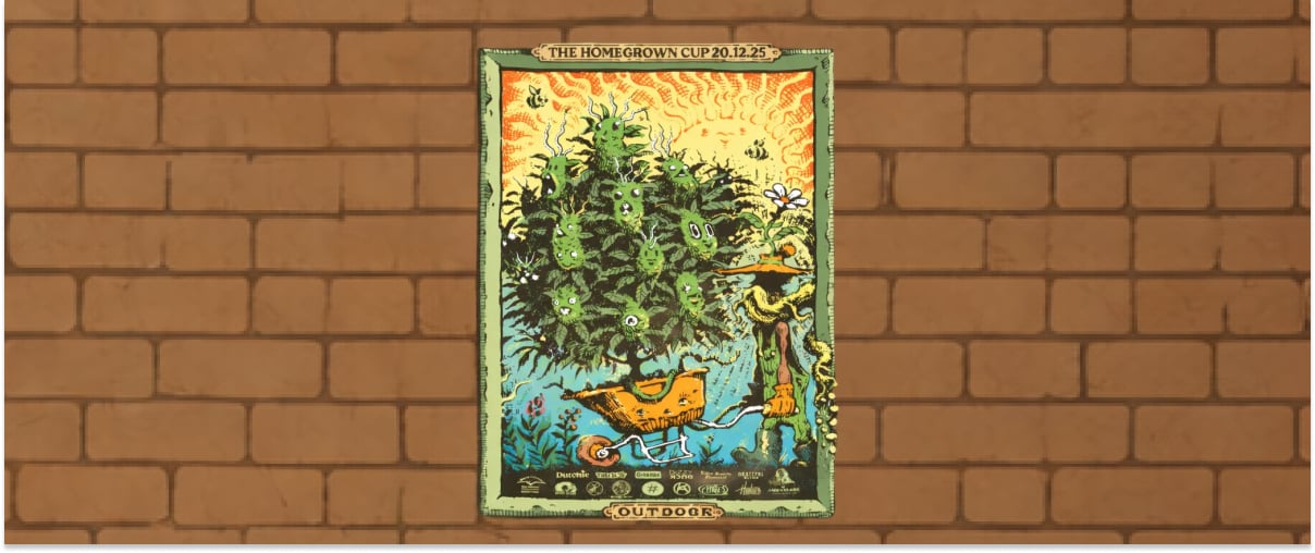 Illustrated poster of the Homegrown Cup Outdoor edition featuring a cannabis plant in a stylized garden scene