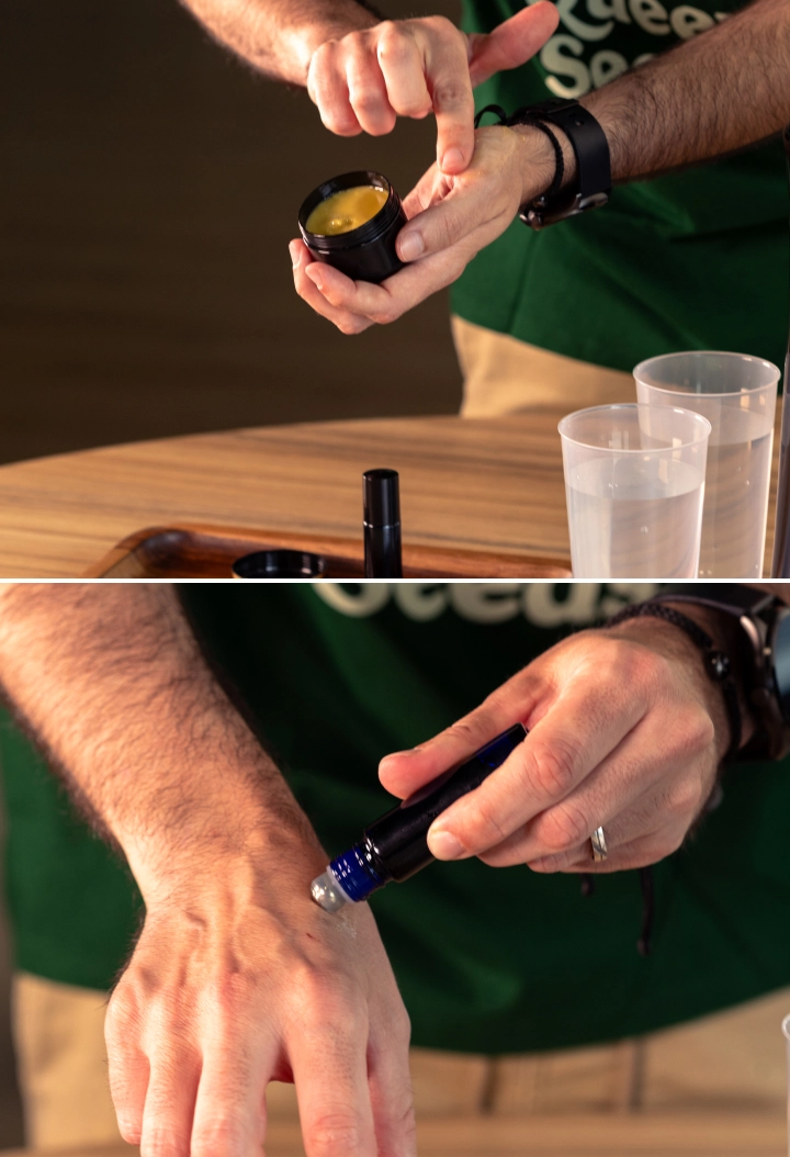 Learn how to apply homemade cannabis balm or roll-on oil to the skin as the final step in your natural balm routine.