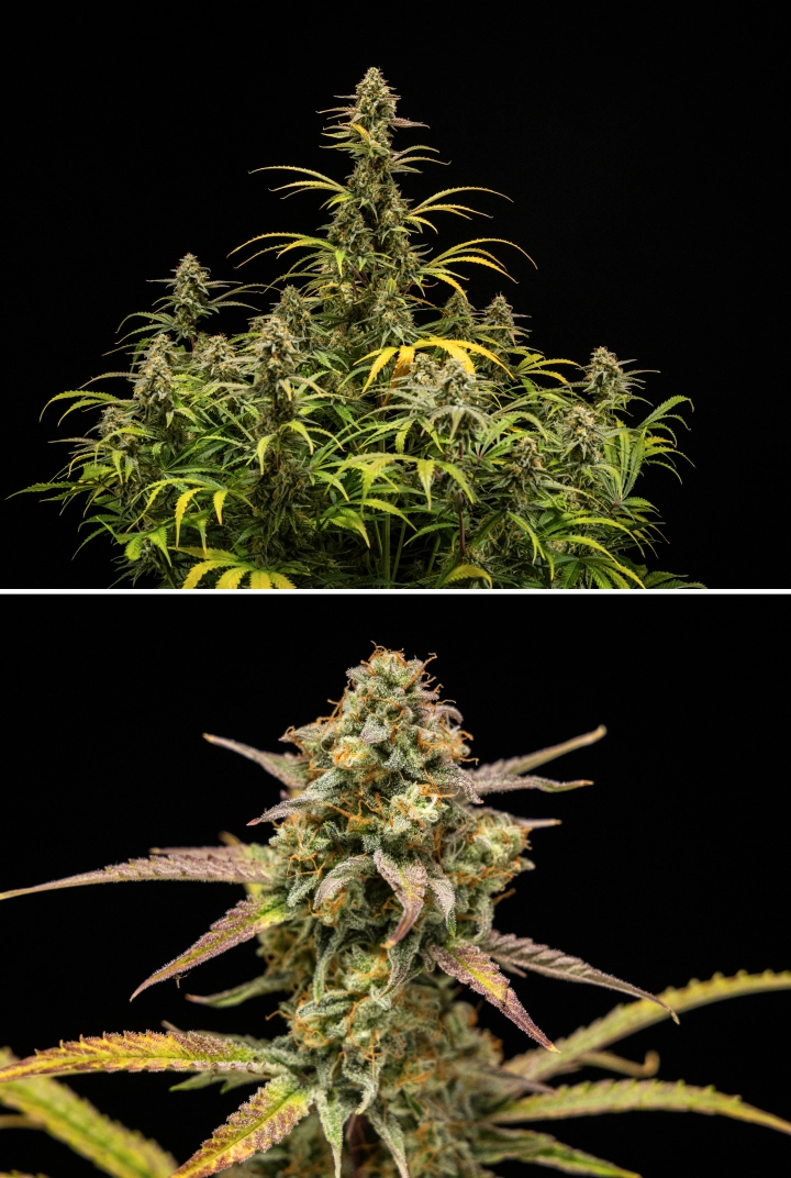 Grow report de Hyperion F1: resultats de la collita Plantes de cànnabis Hyperion F1 a la collita, mostrant coles madures i resinoses, cobertura gebrada de tricomes, pistils taronges, fulles grogues i porpres que perden color i creixement floral dens sobre fons negre.