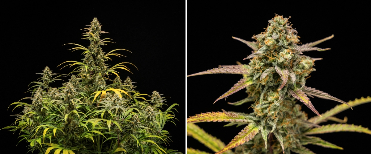 Grow report de Hyperion F1: resultats de la collita Plantes de cànnabis Hyperion F1 a la collita, mostrant coles madures i resinoses, cobertura gebrada de tricomes, pistils taronges, fulles grogues i porpres que perden color i creixement floral dens sobre fons negre.