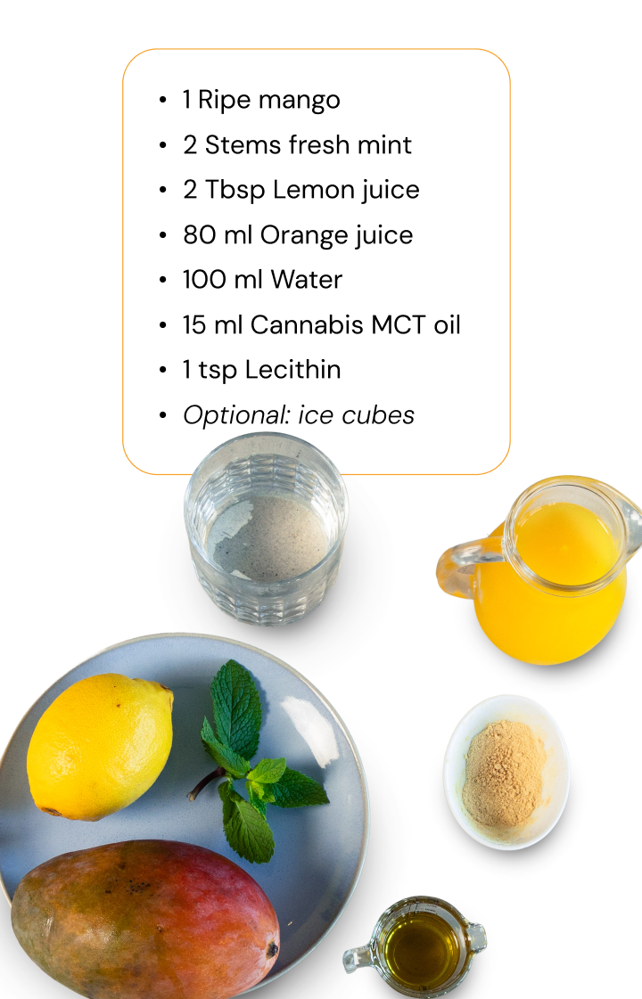 How to make a cannabis smoothie with mango, citrus, and cannabis MCT oil Ingredients for a cannabis smoothie with mango, lemon, mint, orange juice, water, cannabis MCT oil, and lecithin laid out on a white background.