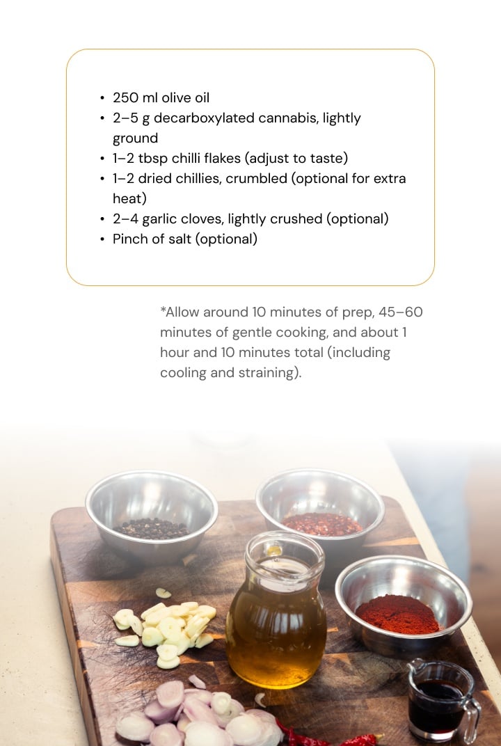 Cannabis-Infused Chilli Olive Oil – Ingredients and Preparation Time Ingredients for cannabis-infused chilli olive oil including olive oil, decarboxylated cannabis, chilli flakes, dried chillies, garlic, and salt arranged on a wooden board