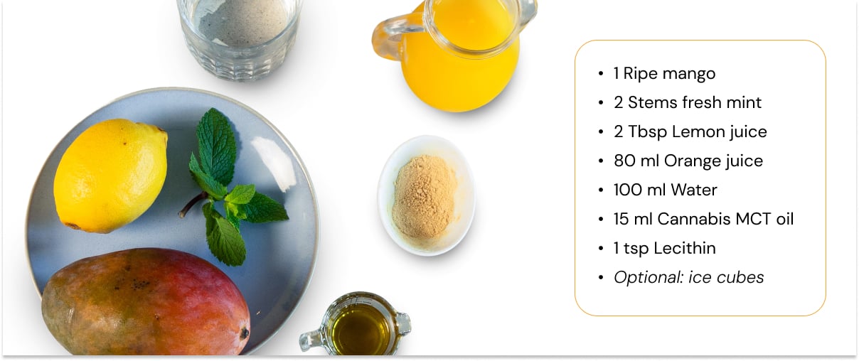How to make a cannabis smoothie with mango, citrus, and cannabis MCT oil Ingredients for a cannabis smoothie with mango, lemon, mint, orange juice, water, cannabis MCT oil, and lecithin laid out on a white background.