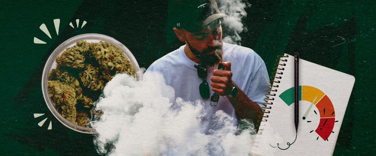 Man vaping cannabis with a jar of buds and a gauge illustrating body response monitoring.