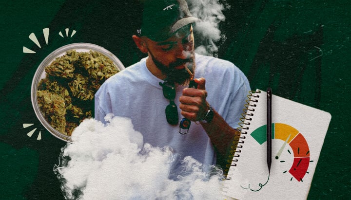 Man vaping cannabis with a jar of buds and a gauge illustrating body response monitoring.