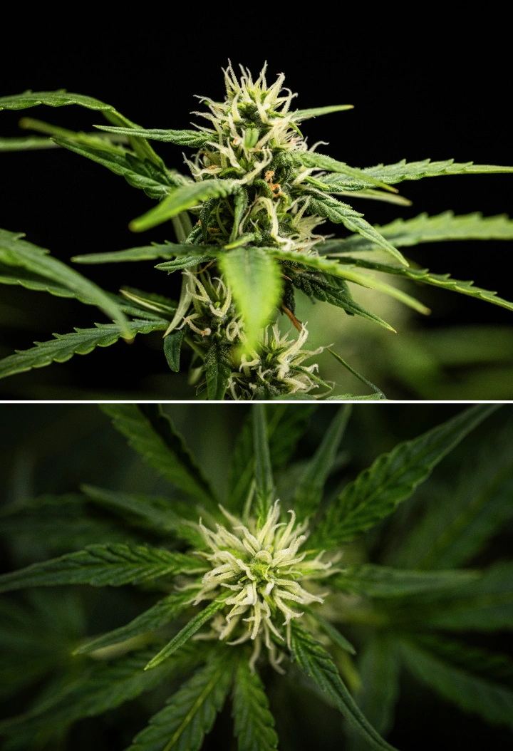 Planta de cànnabis NYC Sour Diesel Auto a la setmana 6 de floració, d’uns 122 cm, amb creixement vertical més lent, cabdells més ferms, desenvolupament inicial de resina i formació floral densa sota llum LED