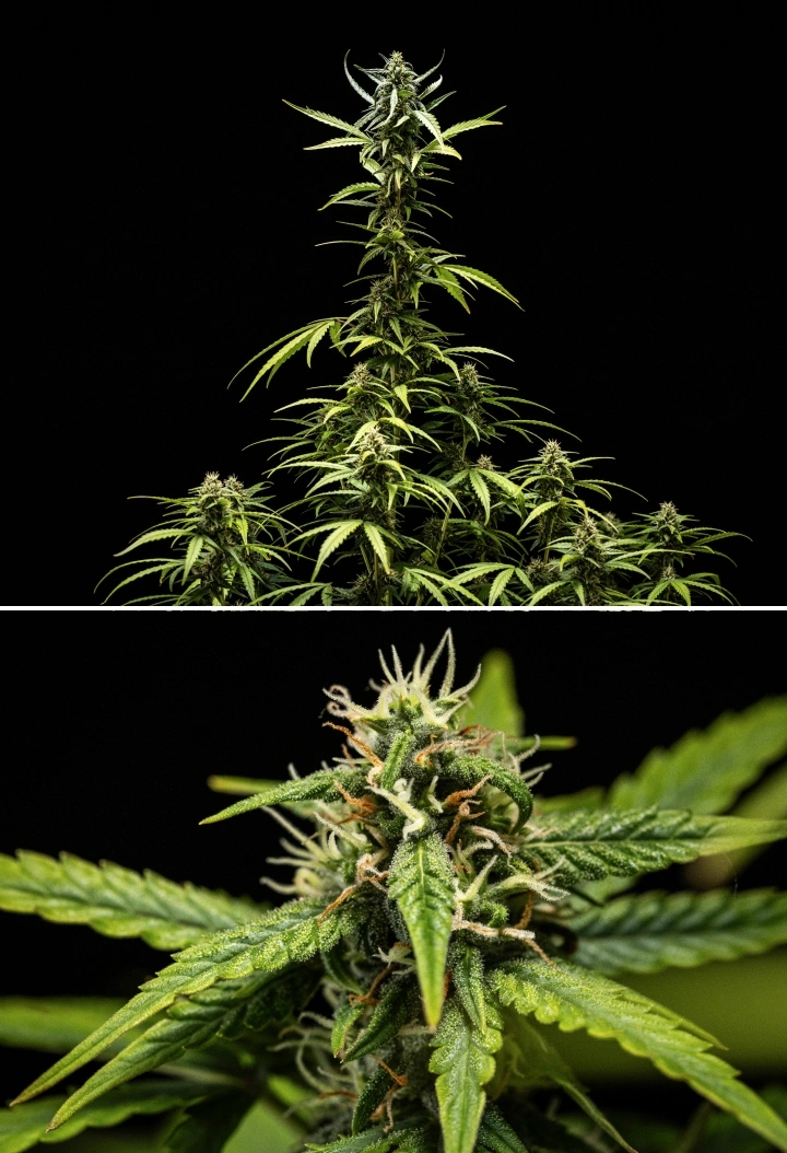 NYC Sour Diesel Auto cannabis plant in week 7 of flowering with dense sticky buds, increased resin production, a main cola close to the light, slight leaf paling, and supported bending branches