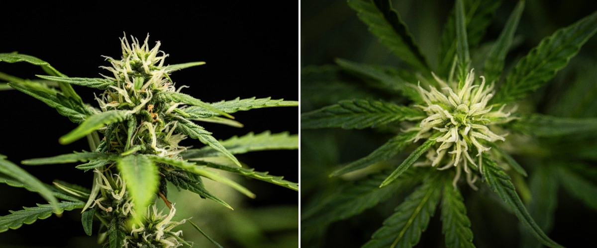 NYC Sour Diesel Auto cannabis plant in week 6 of flowering reaching around 122 cm, showing slower vertical growth, firmer buds, early resin development, and dense flower formation under LED light