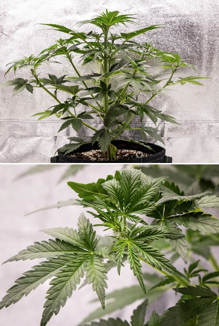 Informe de cultiu de Royal Creamatic: setmana 4, inici de la floració Planta de cànnabis Royal Creamatic a la setmana 4, mostrant l’inici de la floració, fullatge verd saludable, pistils frescos i un fort desenvolupament de les branques.