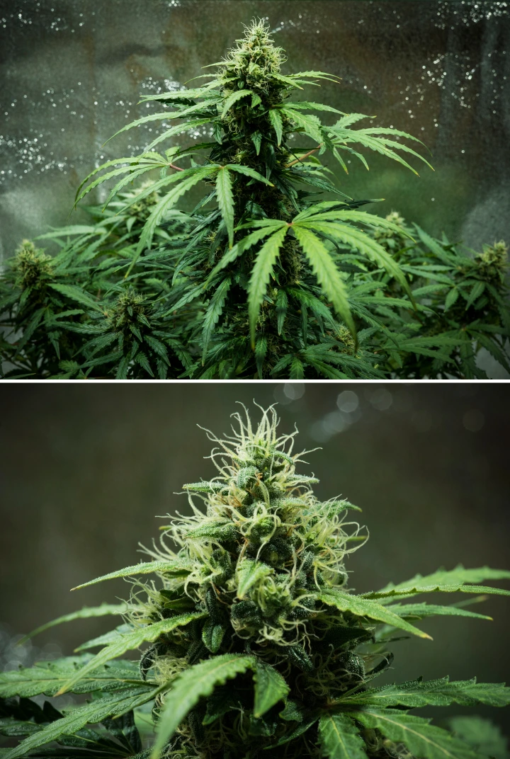 Informe de cultiu de Royal Dwarf: setmana 7, cabdells densos Planta de cànnabis Royal Dwarf a la setmana 7, mostrant cabdells densos i enganxosos, pistils blancs, flors resinoses i fullatge verd saludable.
