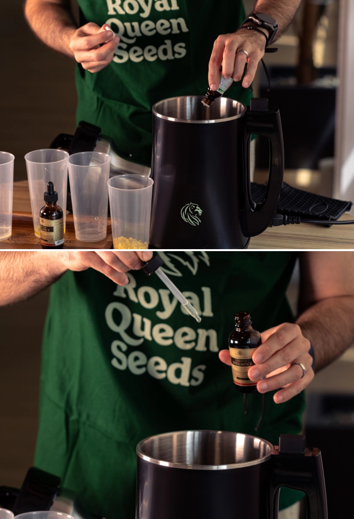 Learn how to add lavender and vitamin E to your cannabis balm mixture for a smooth, natural final blend.