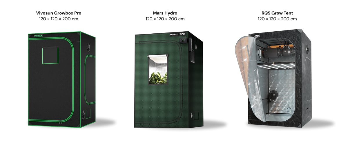 Comparació d’armaris de cultiu de 120 × 120 × 200 cm Tres armaris de cultiu de 120 × 120 × 200 cm mostrats un al costat de l’altre: Vivosun Growbox Pro, Mars Hydro i RQS Grow Tent
