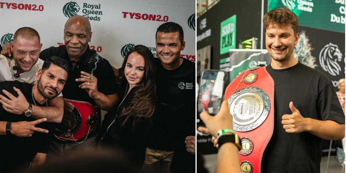 See Mike Tyson with the Royal Queen Seeds team during the TYSON 2.0 event, celebrating cannabis culture and community.