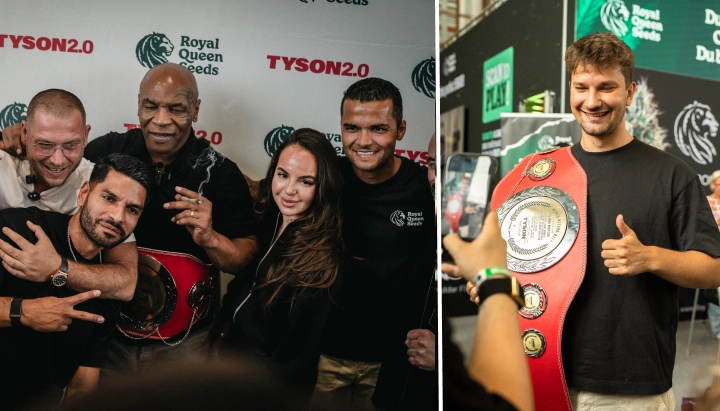 See Mike Tyson with the Royal Queen Seeds team during the TYSON 2.0 event, celebrating cannabis culture and community.