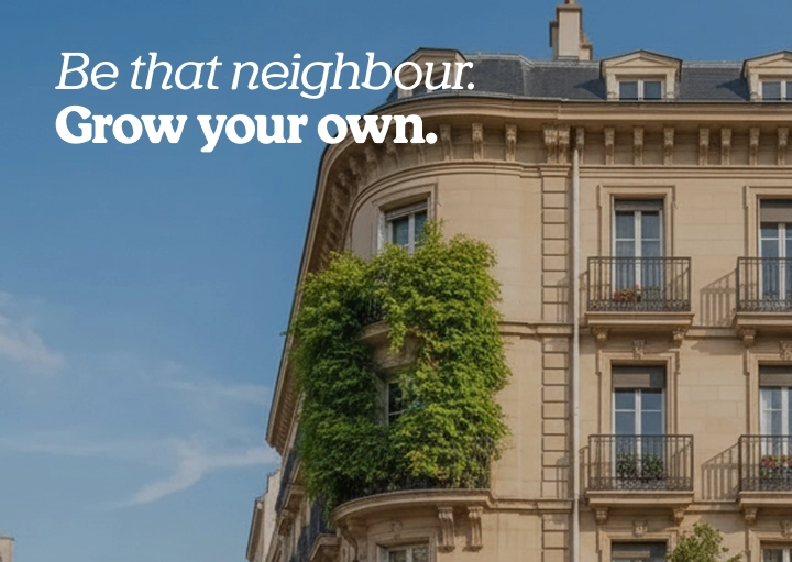 GrowHauzz x RQS campaign image showing a stylish city building with greenery and the message “Be that neighbour: Grow your own.”