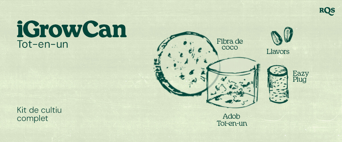 iGrowCan: Kit de cultiu de cànnabis llest per utilitzar Imatge del kit de cultiu iGrowCan, que inclou fibra de coco, llavors, fertilitzant tot en un i Eazy Plug. Solució completa per al cultiu fàcil de cànnabis a casa.