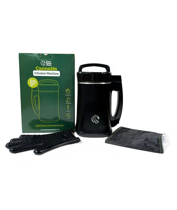 RQS Infusion Machine shown with its accessories, including protective gloves, filter bag, and product box.