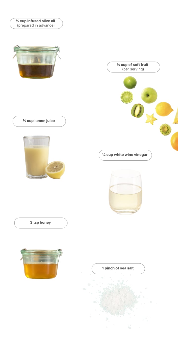 Ingredients for making cannabis vinaigrette, including infused olive oil, soft fruit, lemon juice, white wine vinegar, honey, and sea salt.