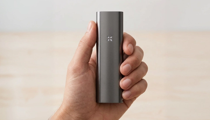 PAX Four vaporizer held in one hand, showing its slim matte body, compact size, and LED petal indicator on the front