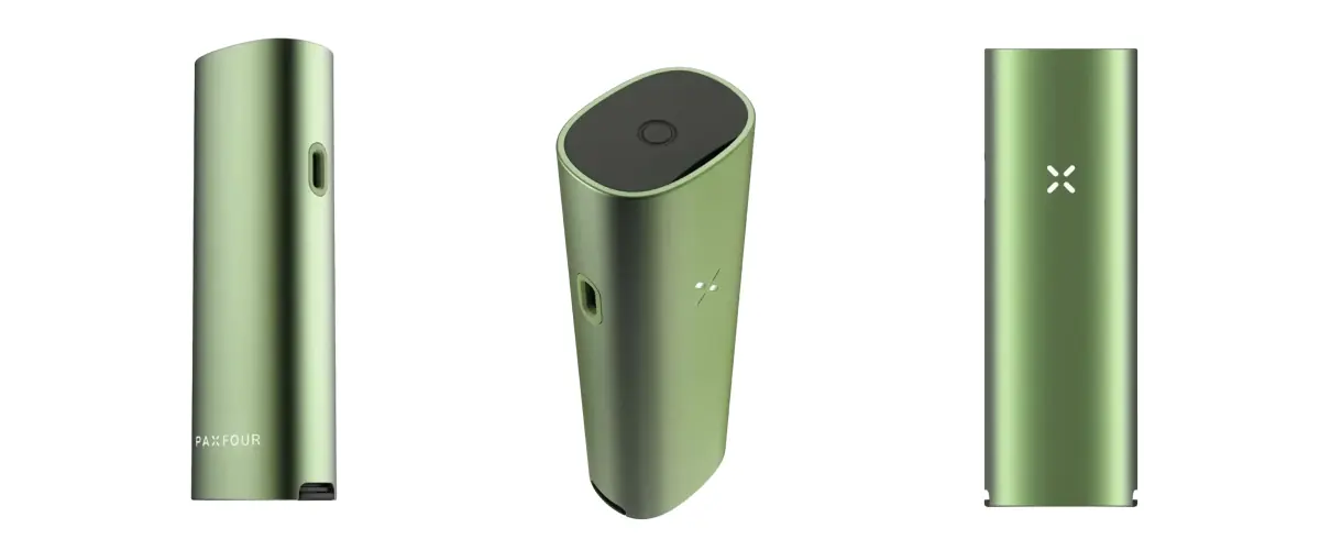 PAX Four vaporizer in green shown from multiple angles, highlighting its slim design, mouthpiece, power button, LED petal indicator, and compact body