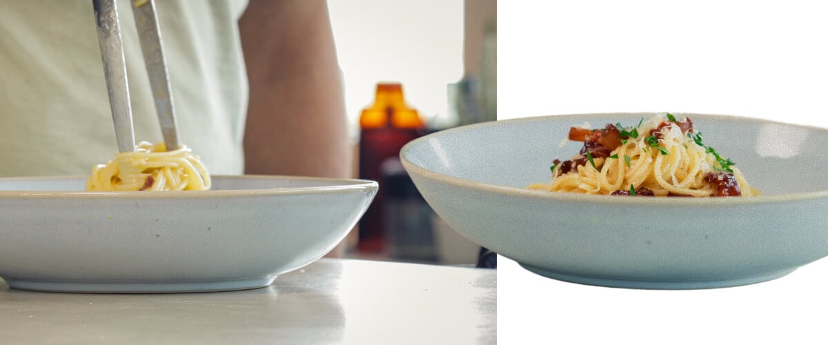 Step 6: Serve Cannabis-Infused Carbonara Plating creamy cannabis-infused spaghetti carbonara with pancetta and grated cheese, final step before serving