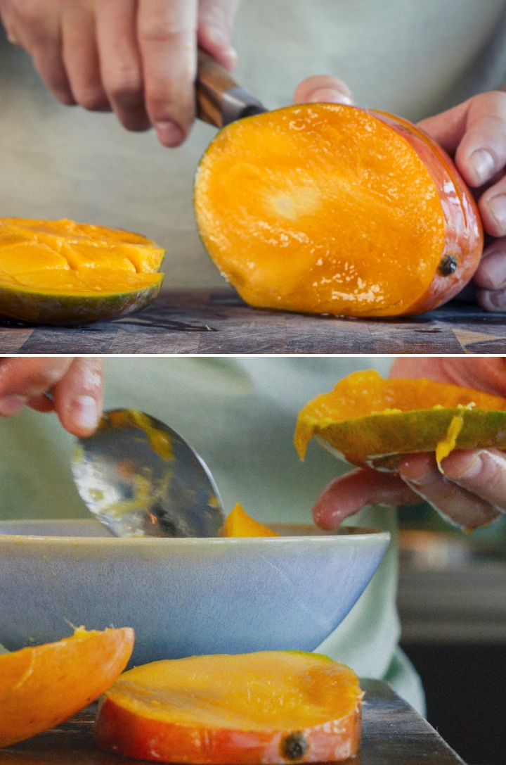 Step 1: Prepare the mango for a smooth and creamy cannabis smoothie Hands peeling and chopping a ripe mango into small pieces on a cutting board to prepare it for a smoothie.