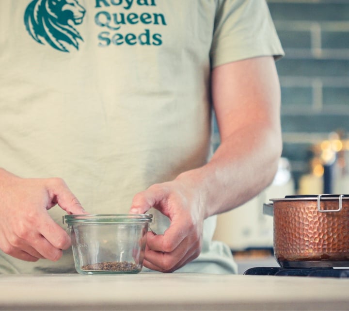 Cannabis MCT Oil Ingredients – Flower or Concentrate with MCT Carrier Oil Ingredients for cannabis MCT oil infusion including dried cannabis flower, MCT oil, jar, and strainer