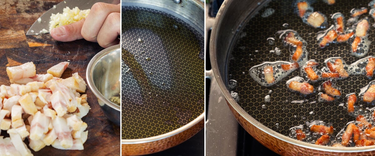 Step 2: Cook the Pancetta or Guanciale for Cannabis Carbonara Diced pancetta frying in a pan with infused butter or olive oil, second step for making cannabis-infused carbonara