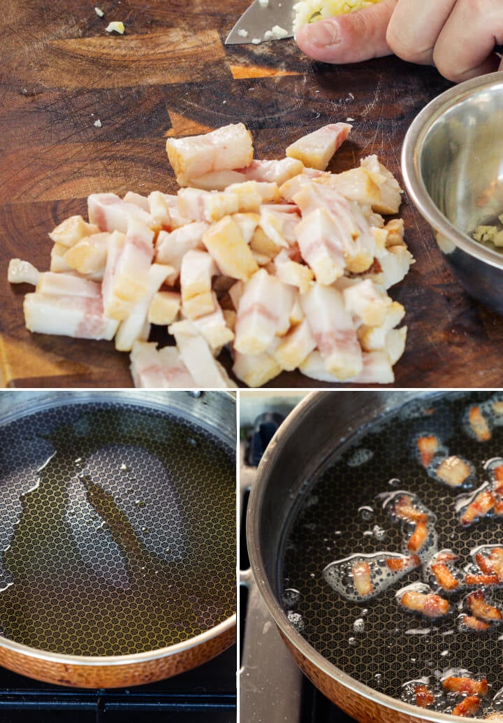 Step 2: Cook the Pancetta or Guanciale for Cannabis Carbonara Diced pancetta frying in a pan with infused butter or olive oil, second step for making cannabis-infused carbonara