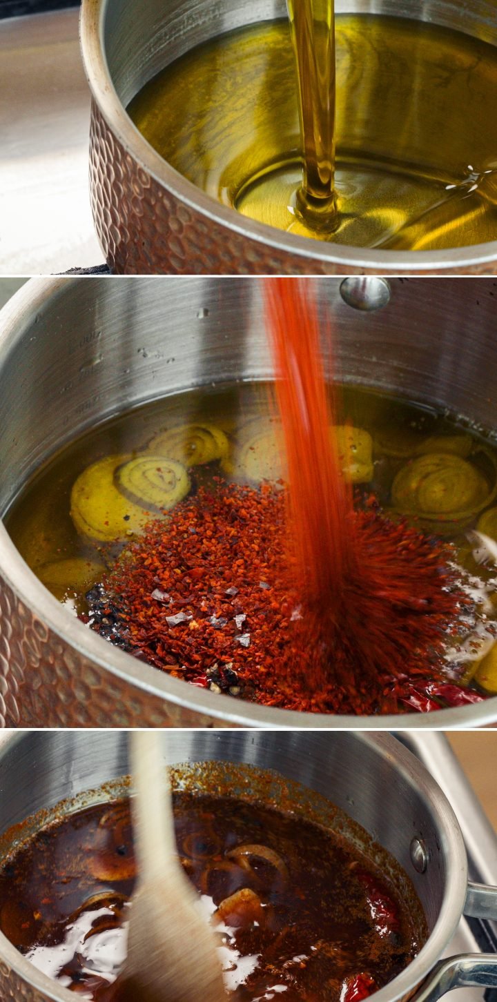 Step 2: Heat the Oil and Infuse with Cannabis and Chilli Heating olive oil and adding chilli flakes, aromatics, and decarboxylated cannabis in a saucepan to infuse chilli cannabis oil