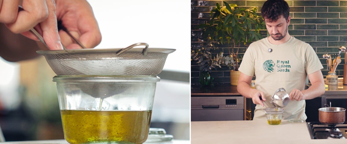 Step 3: Strain the Cannabis-Infused MCT Oil Straining infused cannabis MCT oil through a fine mesh sieve into a glass jar, final step of the oil infusion process