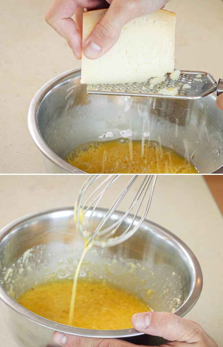 Step 3: Prepare the Egg and Cheese Mixture for Cannabis Carbonara Grating Parmesan into whisked eggs and yolks in a bowl, third step for making cannabis-infused carbonara sauce