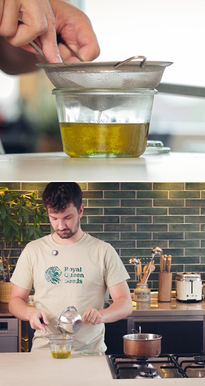Step 3: Strain the Cannabis-Infused MCT Oil Straining infused cannabis MCT oil through a fine mesh sieve into a glass jar, final step of the oil infusion process