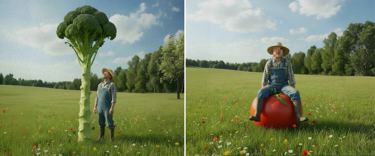 Surreal GrowHauzz image showing a giant broccoli and oversized tomato in a sunny field, representing big growing ideas and bold cultivation thinking